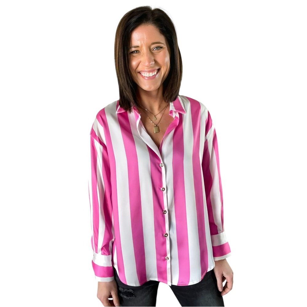 Sunday Up Pink and White Button‎ Down Shirt with Notched Collar